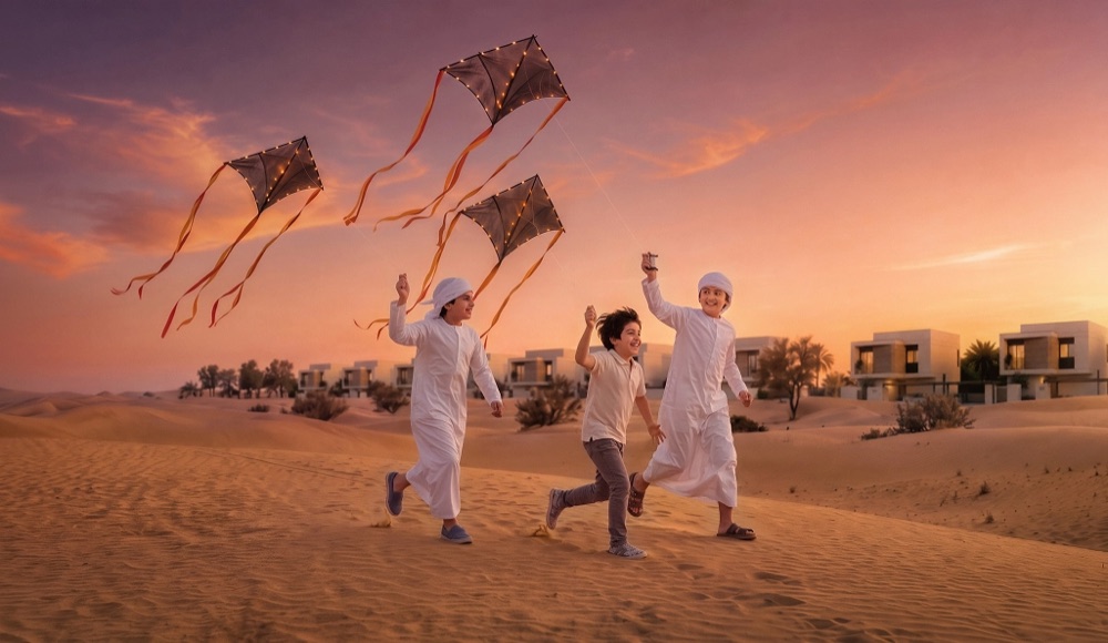 Children flying kites over the dunes beside homes at Al Ghadeer Parks by Aldar