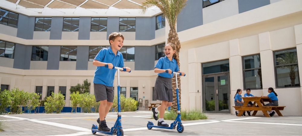 Children on scooters in the courtyard of Al Ghadeer British School