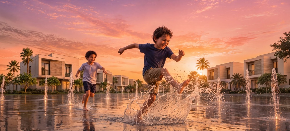 Children playing in the splash pad at sunset at Al Ghadeer Parks by Aldar