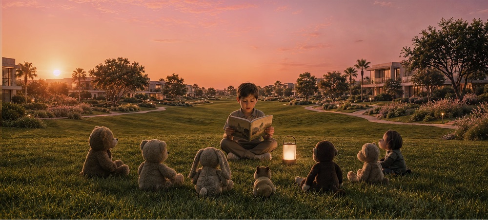 A child reading on the open lawn at dusk between homes at Al Ghadeer Parks by Aldar