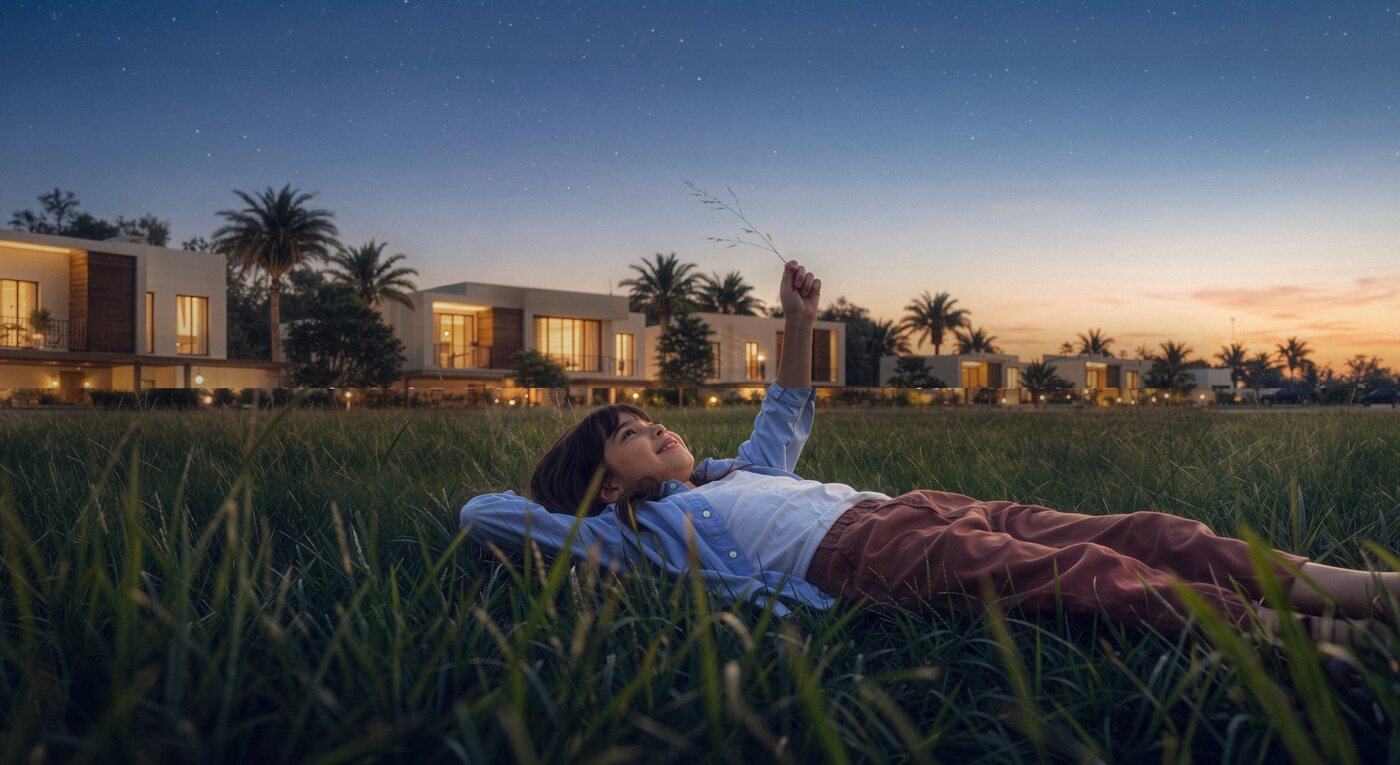 A resident lying on the stargazing lawn at dusk, with lit townhouses and palms behind, at Al Ghadeer Parks by Aldar