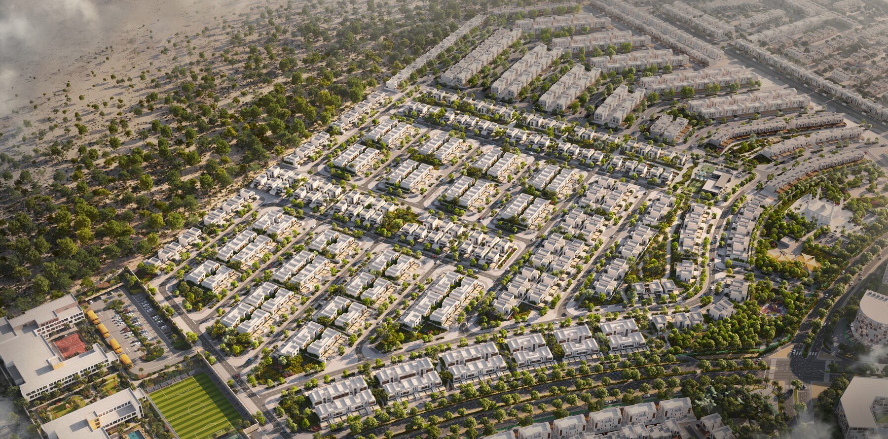 Al Ghadeer Parks by Aldar masterplan — aerial render of the community layout