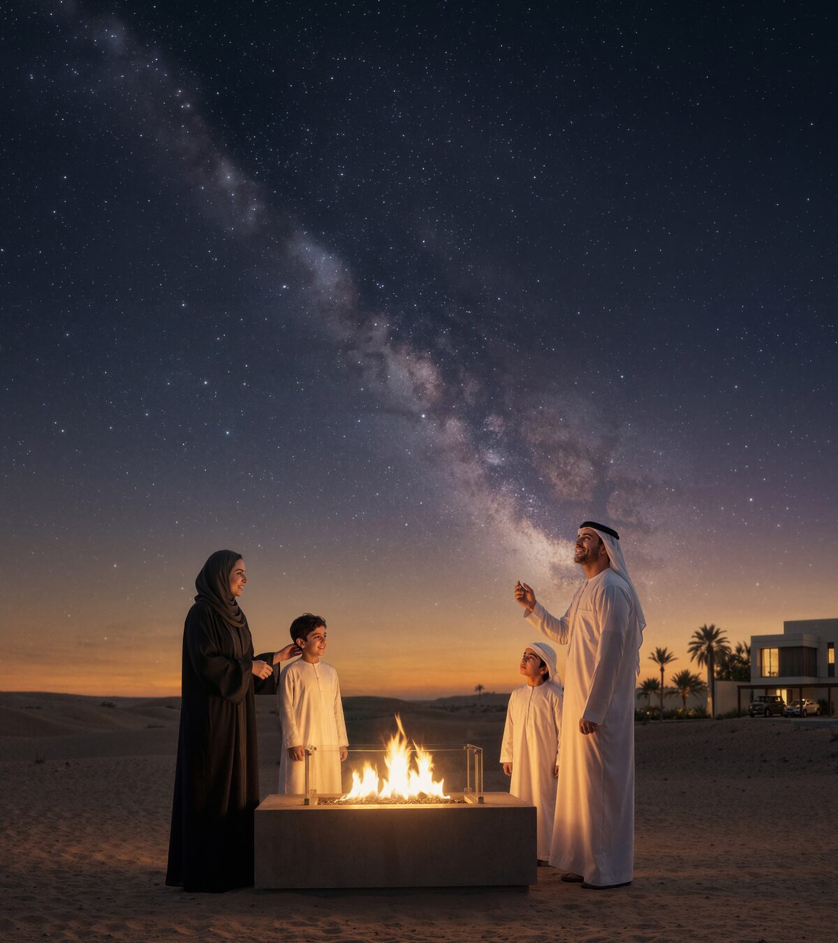A family gathered around a fire pit beneath the Milky Way at Al Ghadeer Parks by Aldar