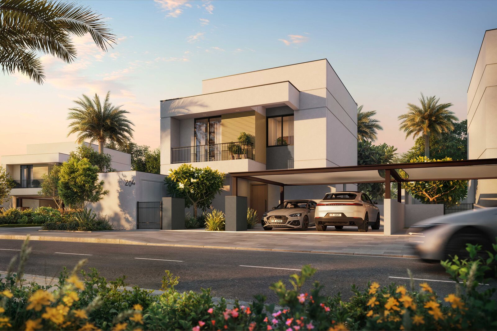 Standalone villa approach with palms at Al Ghadeer Parks by Aldar