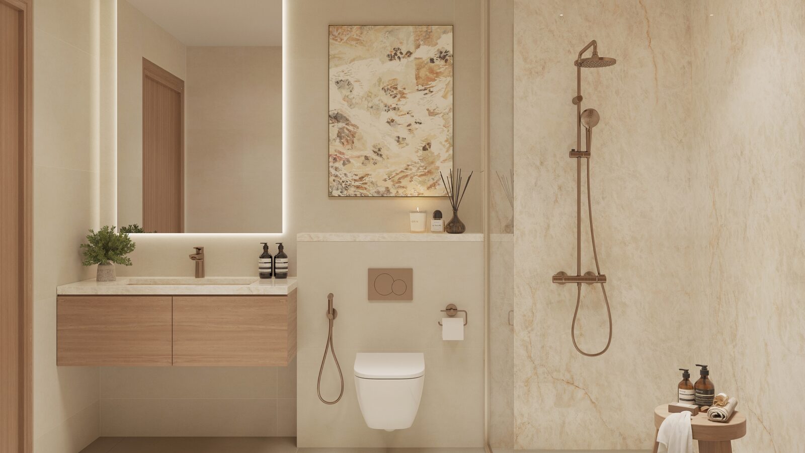 Spa-inspired bathroom with porcelain tile at Al Ghadeer Parks by Aldar