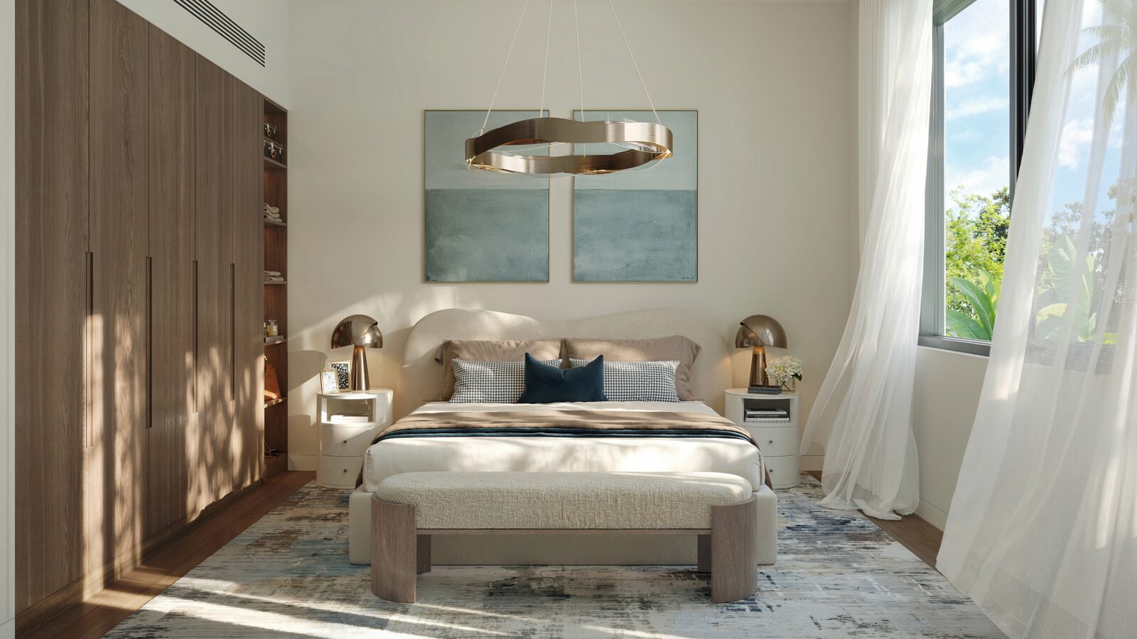 Bedroom with brushed bronze detailing in the dark palette at Al Ghadeer Parks