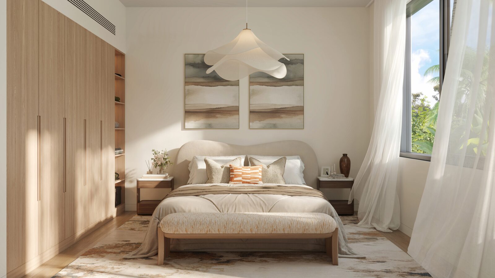 Bedroom with timber-look flooring in the light palette at Al Ghadeer Parks