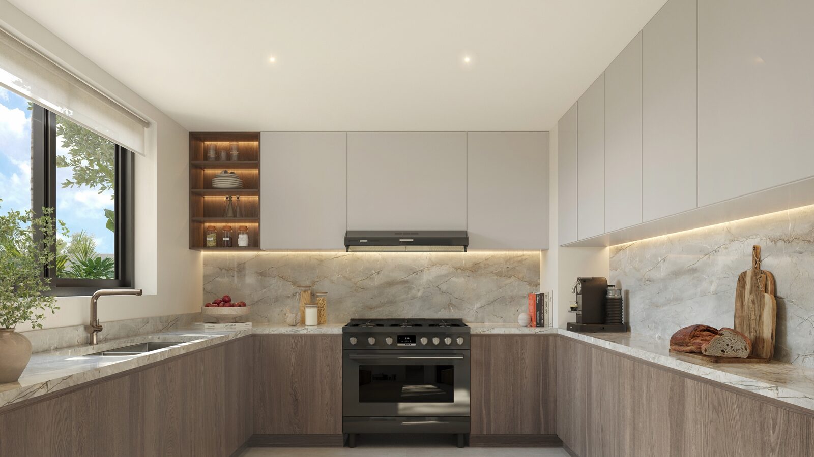 Kitchen with timber-look joinery in the dark palette at Al Ghadeer Parks