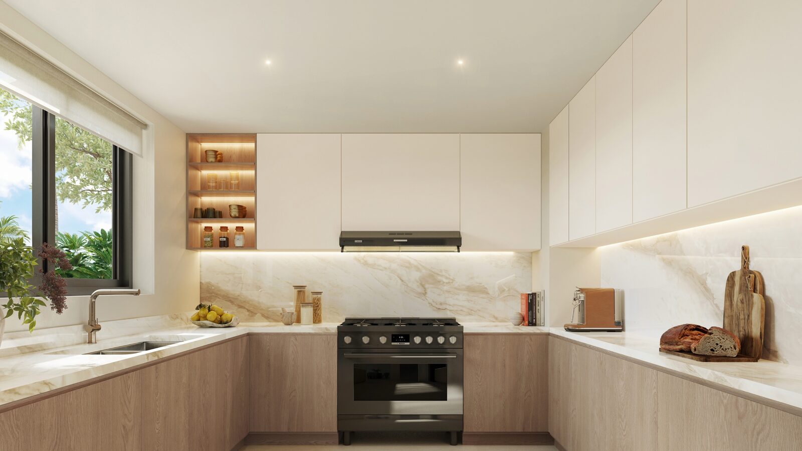 Fitted kitchen with stone countertop at Al Ghadeer Parks by Aldar