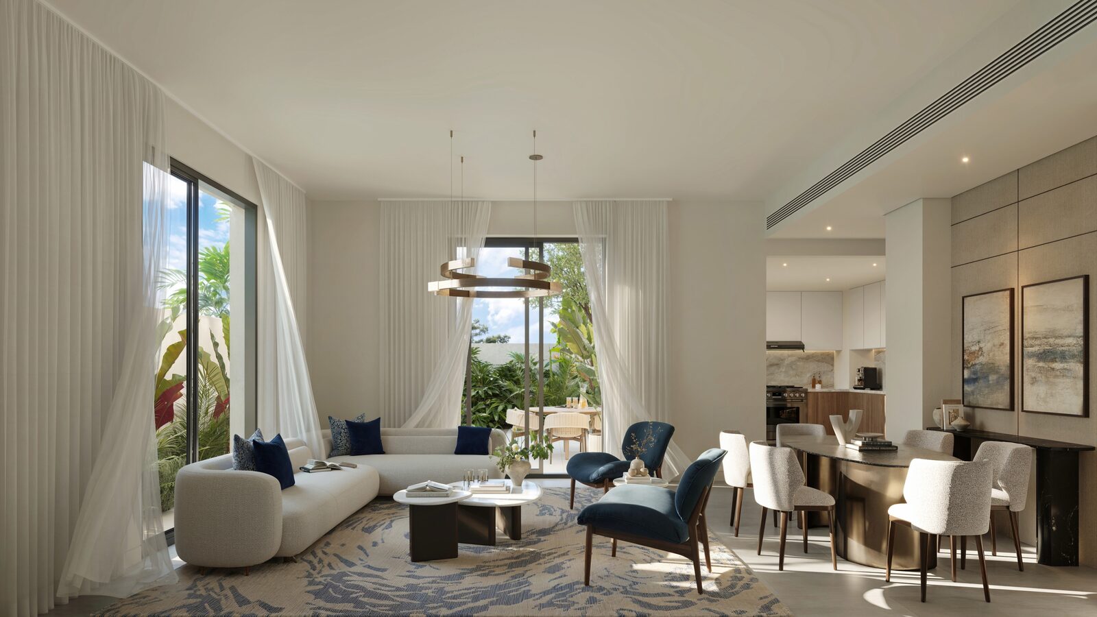 Living and dining room in the dark palette at Al Ghadeer Parks by Aldar