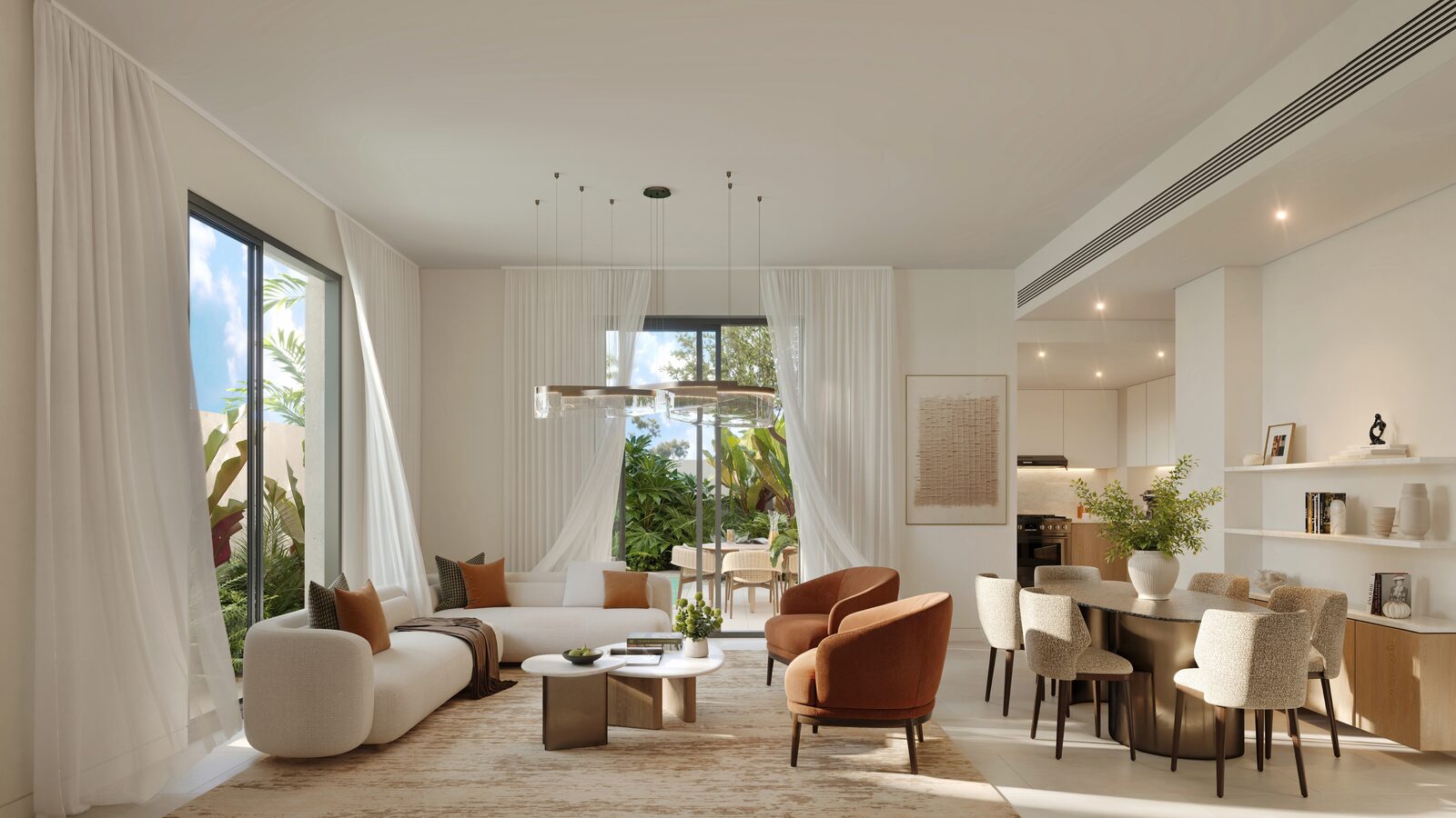 Living and dining room in the light palette at Al Ghadeer Parks by Aldar