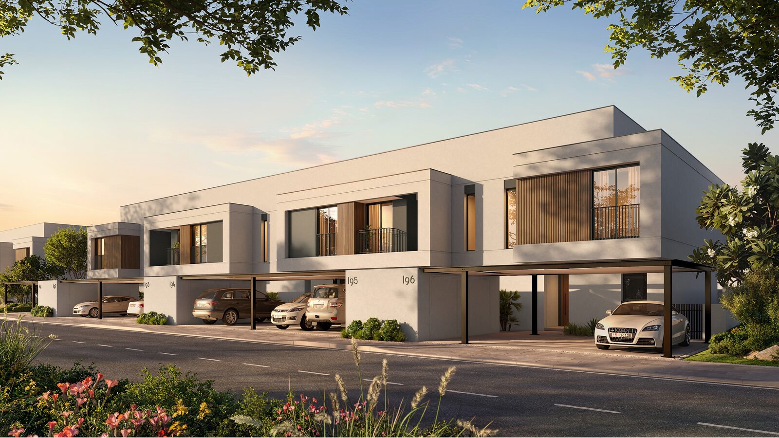 Row of townhouses at Al Ghadeer Parks by Aldar