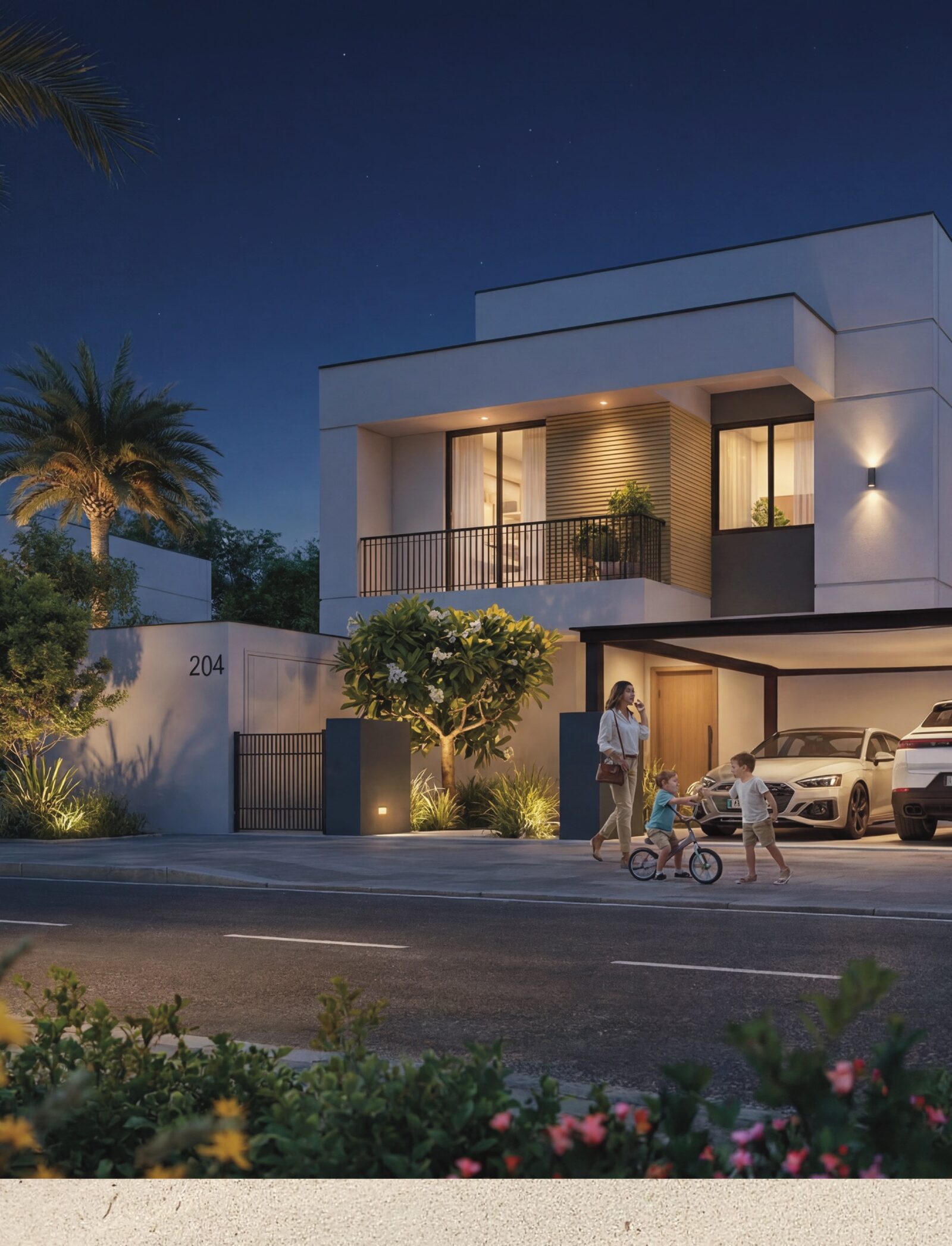 Villa illuminated at dusk at Al Ghadeer Parks by Aldar