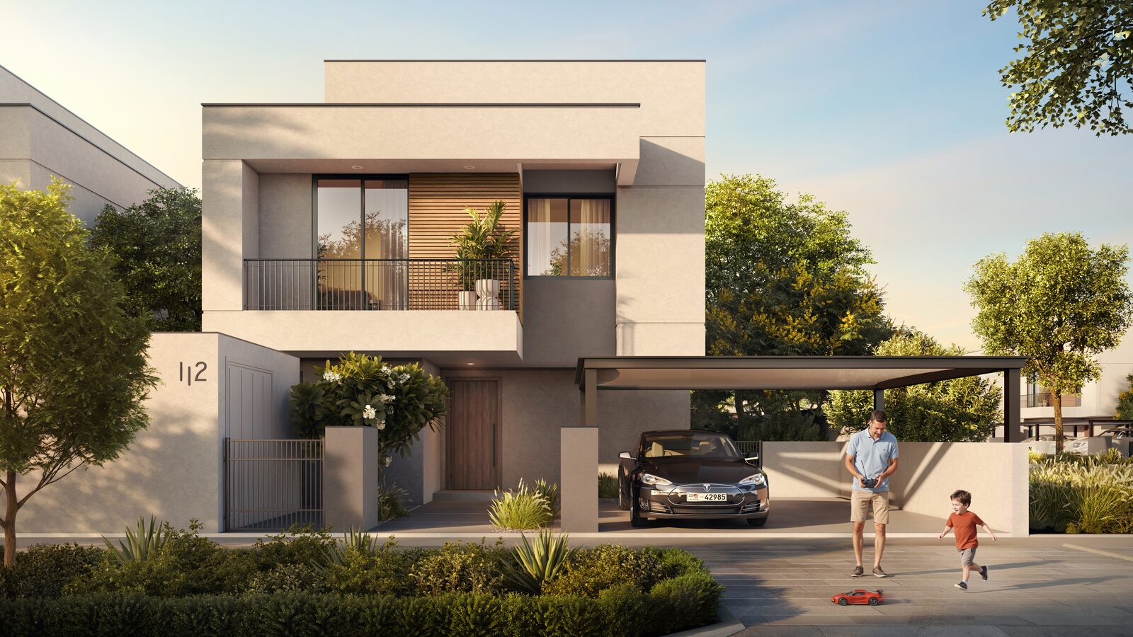 Villa frontage and garden at Al Ghadeer Parks by Aldar